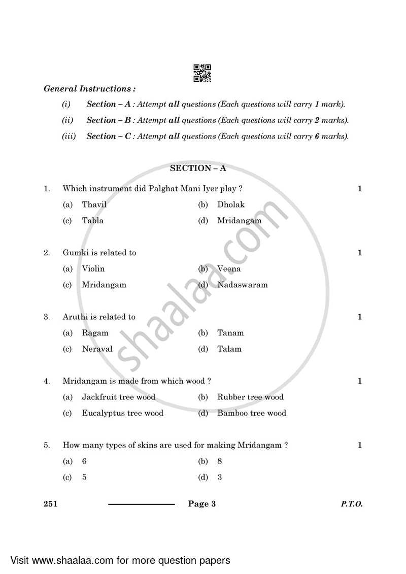 Carnatic Music-percussion Instruments 2023-2024 Class 10 - CBSE (Central Board of Secondary Education) question paper with PDF download