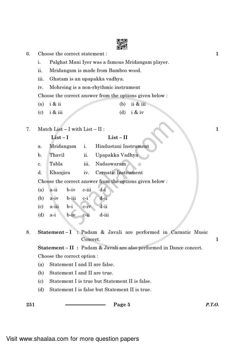 Carnatic Music-percussion Instruments 2023-2024 Class 10 - CBSE (Central Board of Secondary Education) question paper with PDF download
