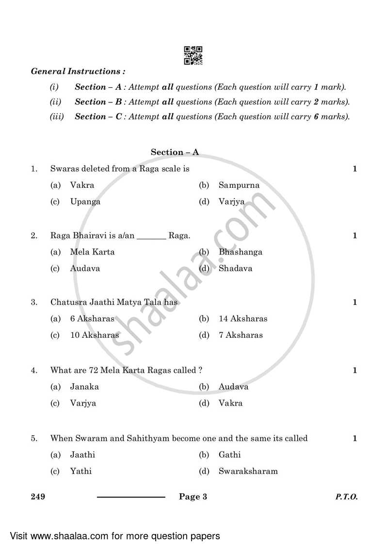Carnatic Music-vocal 2023-2024 Class 10 - CBSE (Central Board of Secondary Education) question paper with PDF download