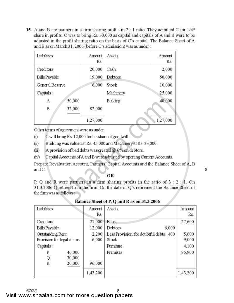 Accountancy 2006-2007 - CBSE 12th - Class 12 - CBSE (Central Board of Secondary Education) question paper with PDF download