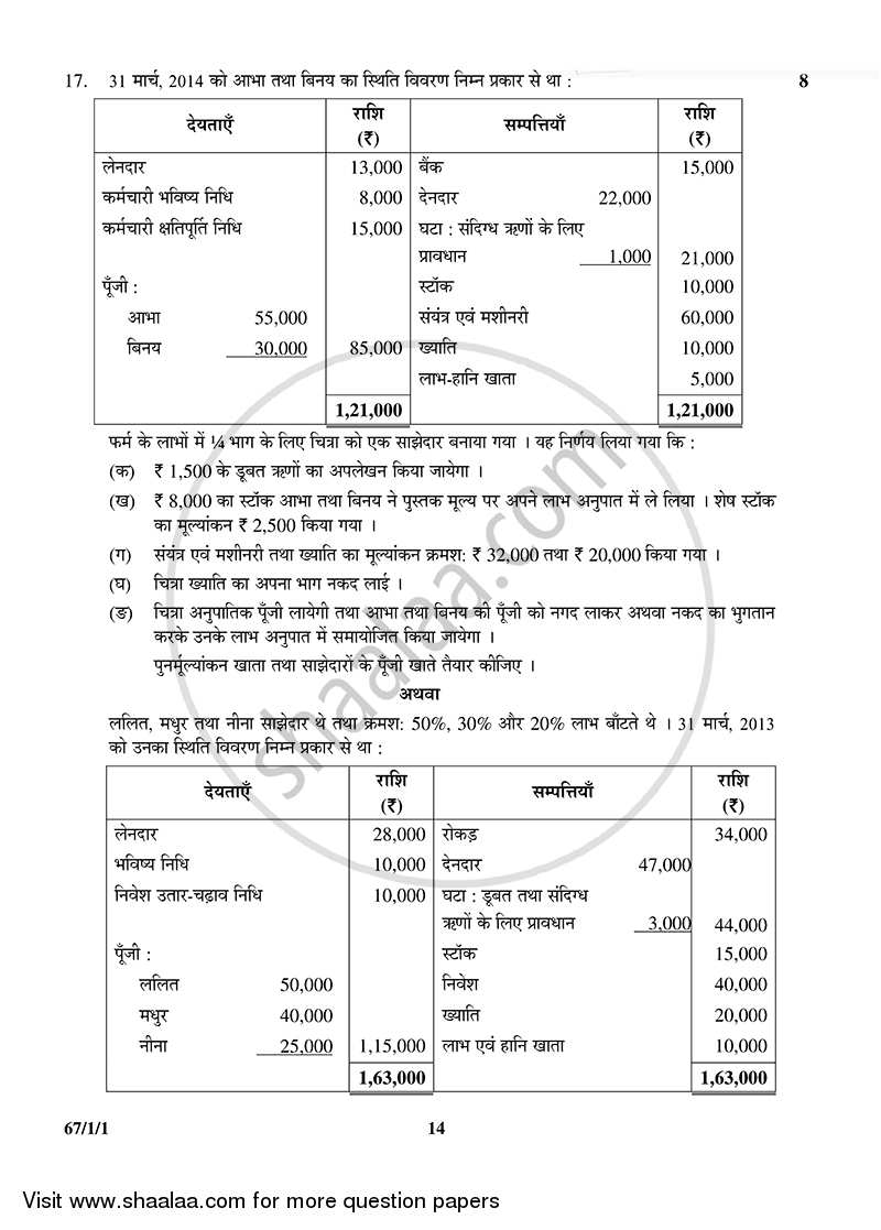 Accountancy 2014-2015 - CBSE 12th - Class 12 - CBSE (Central Board of Secondary Education) question paper with PDF download