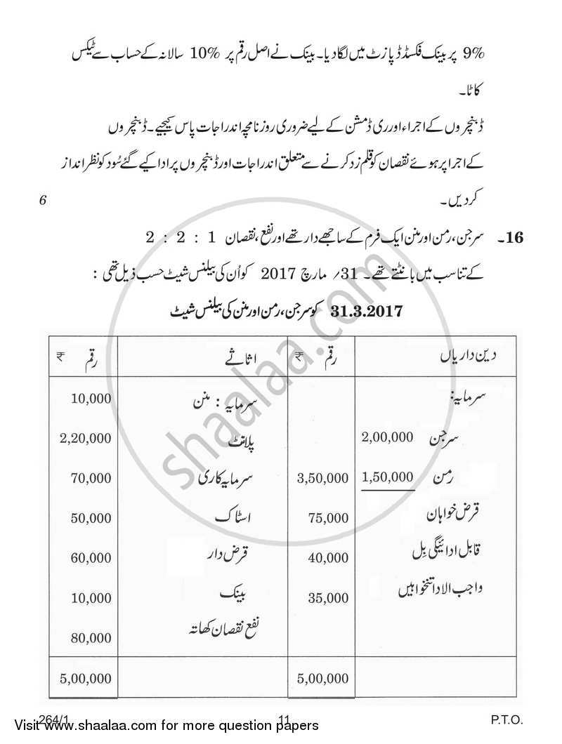 Accountancy 2017-2018 - CBSE 12th - Class 12 - CBSE (Central Board of Secondary Education) question paper with PDF download