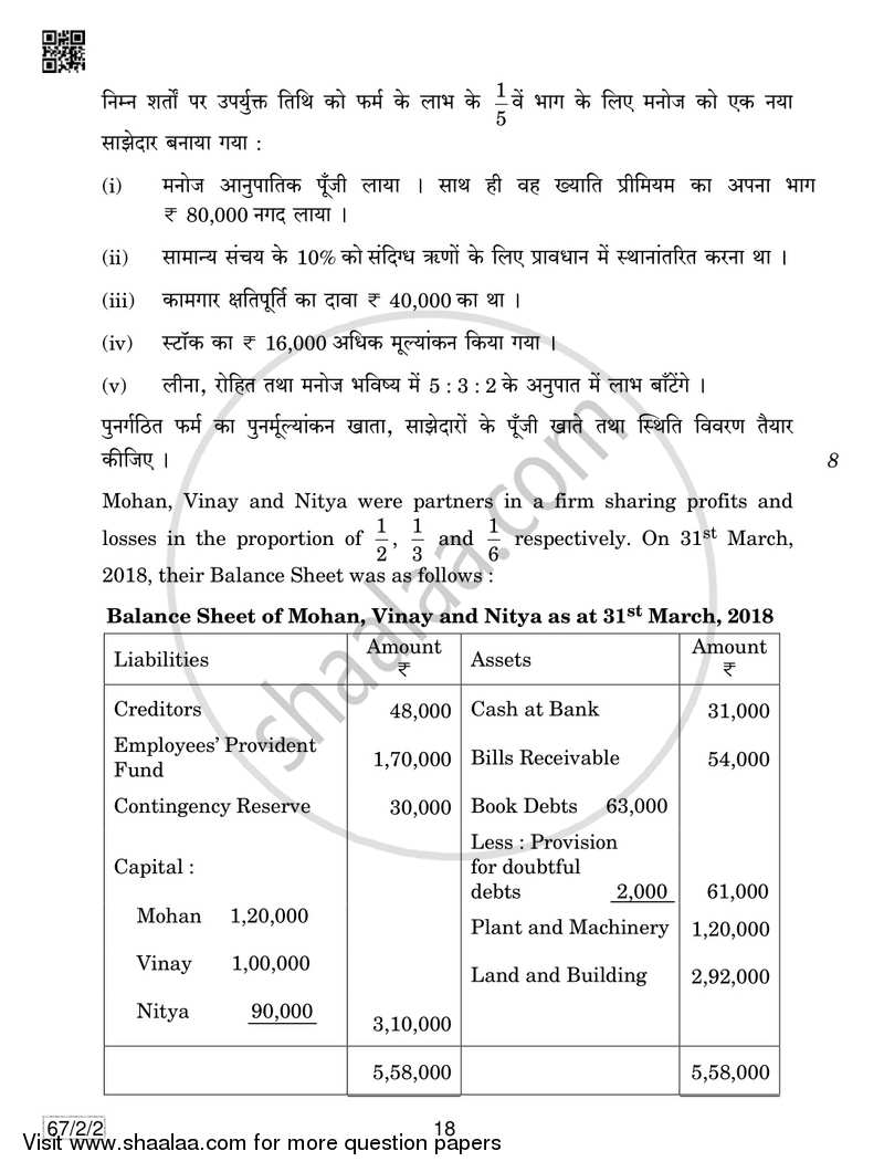 Accountancy 2018-2019 - CBSE 12th - Class 12 - CBSE (Central Board of Secondary Education) question paper with PDF download