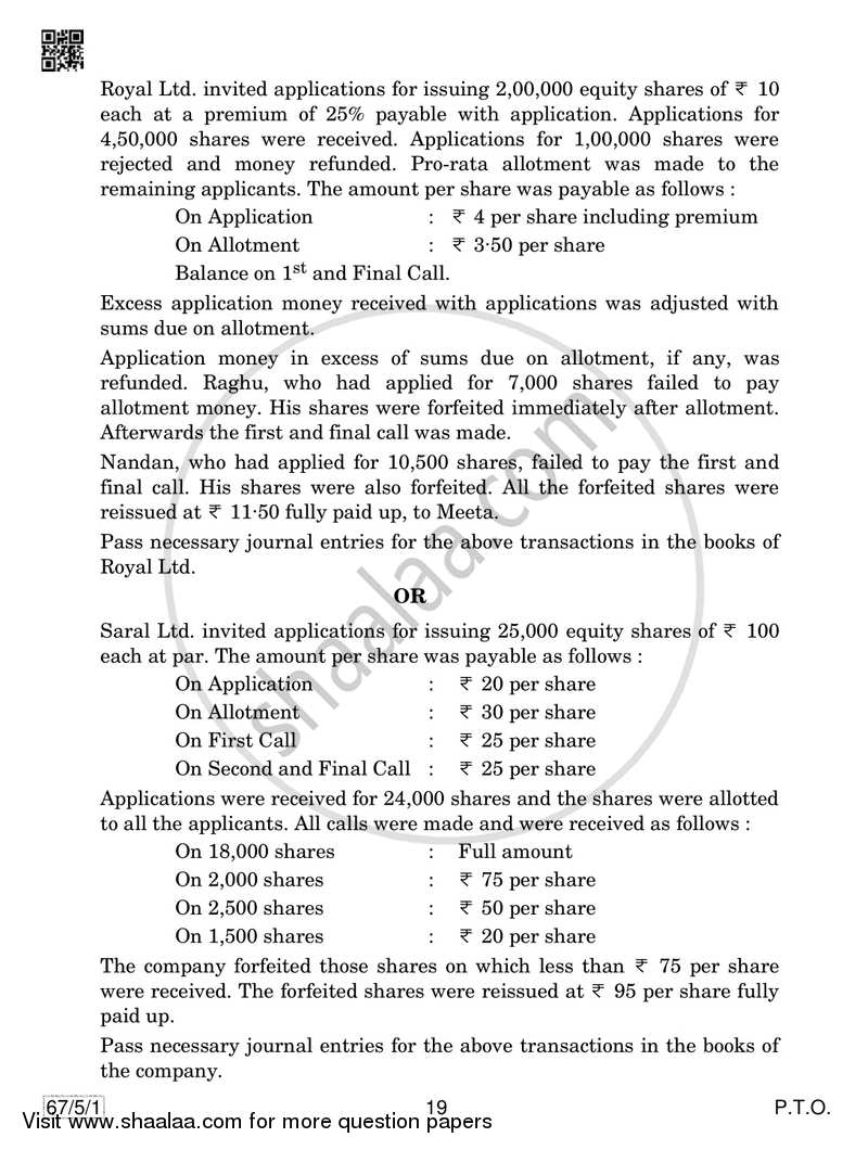 Accountancy 2018-2019 - CBSE 12th - Class 12 - CBSE (Central Board of Secondary Education) question paper with PDF download
