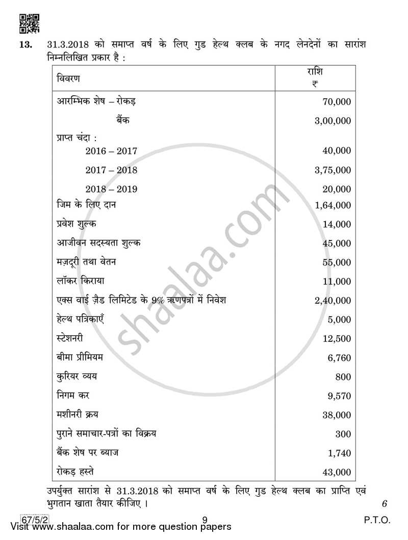 Accountancy 2018-2019 - CBSE 12th - Class 12 - CBSE (Central Board of Secondary Education) question paper with PDF download