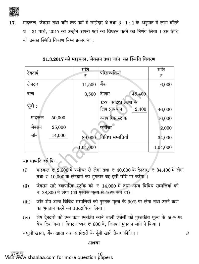 Accountancy 2018-2019 - CBSE 12th - Class 12 - CBSE (Central Board of Secondary Education) question paper with PDF download