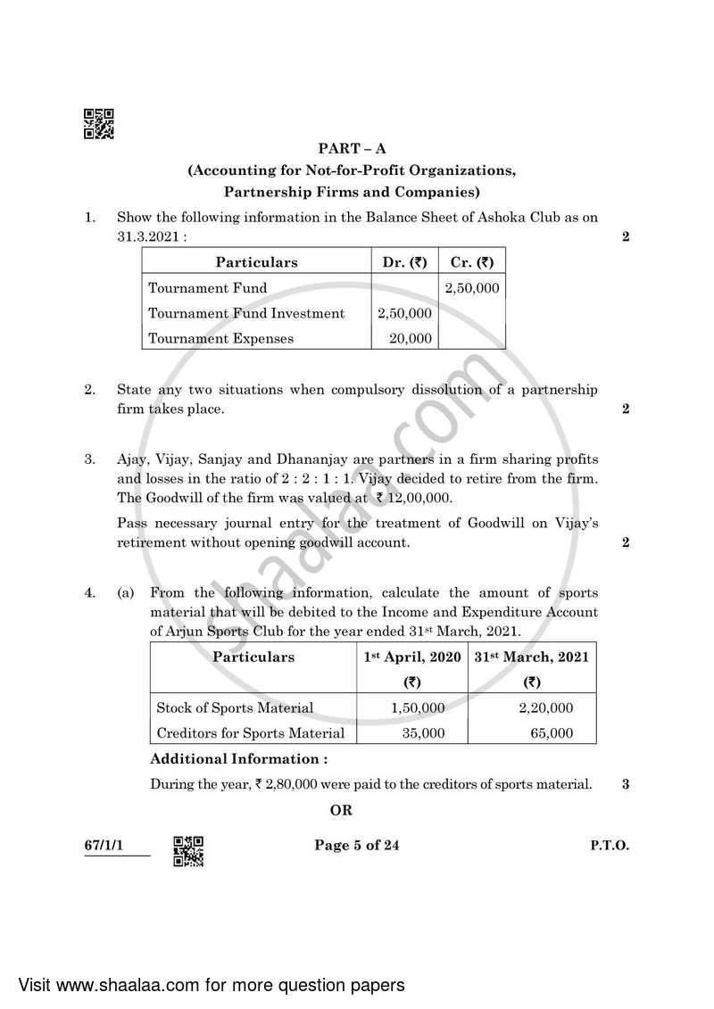 Accountancy 2021-2022 - CBSE 12th - Class 12 - CBSE (Central Board of Secondary Education) question paper with PDF download
