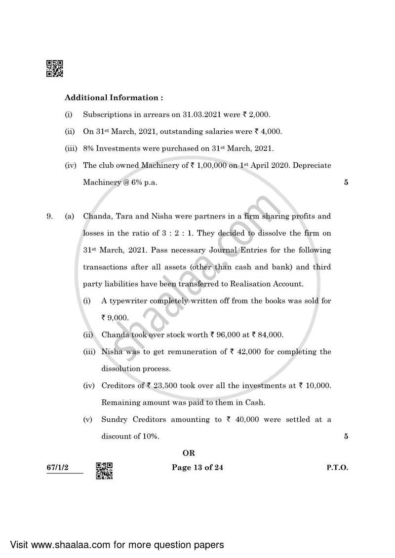 Accountancy 2021-2022 - CBSE 12th - Class 12 - CBSE (Central Board of Secondary Education) question paper with PDF download