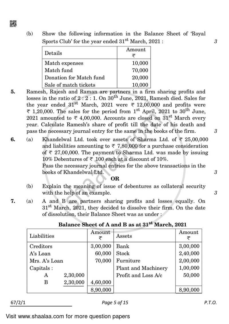 Accountancy 2021-2022 - CBSE 12th - Class 12 - CBSE (Central Board of Secondary Education) question paper with PDF download