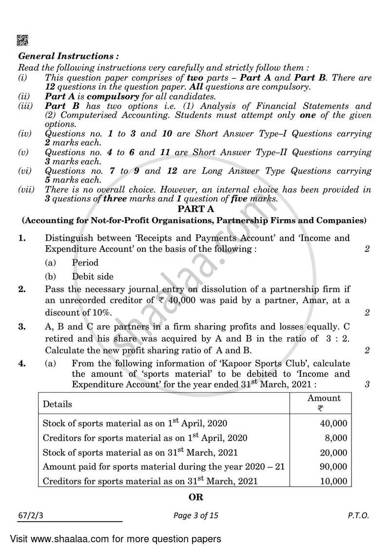 Accountancy 2021-2022 - CBSE 12th - Class 12 - CBSE (Central Board of Secondary Education) question paper with PDF download