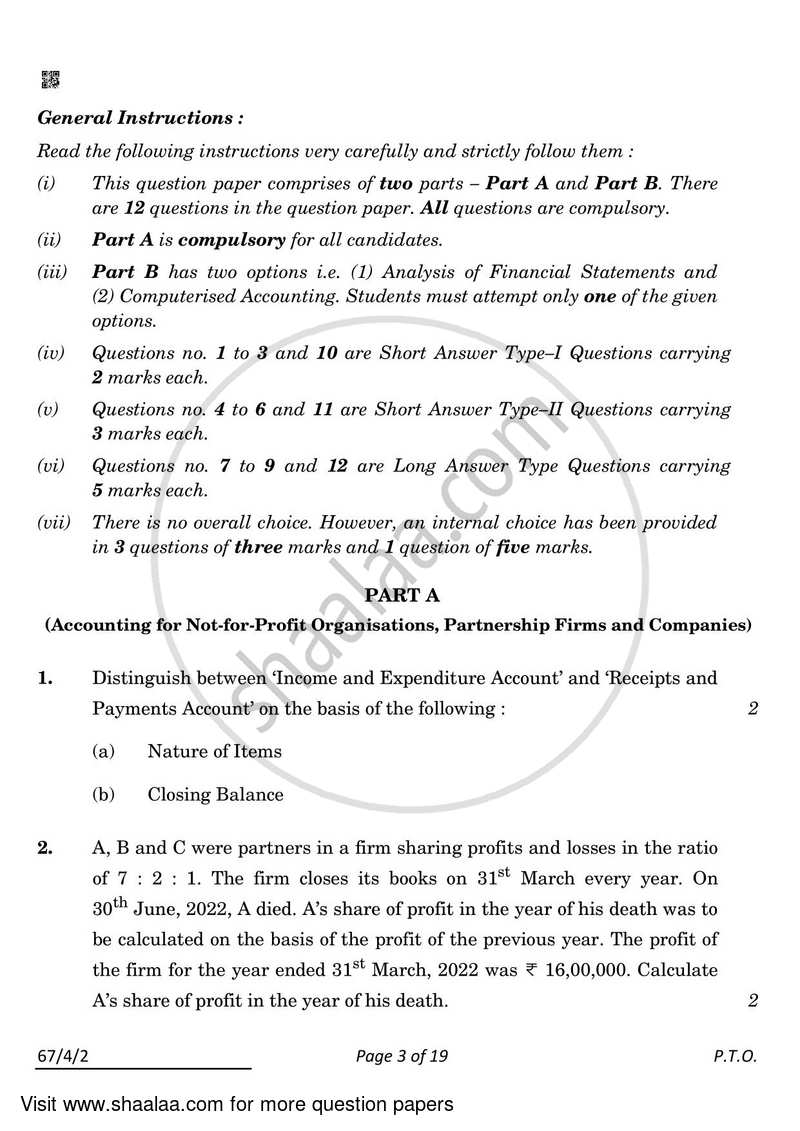 Accountancy 2021-2022 - CBSE 12th - Class 12 - CBSE (Central Board of Secondary Education) question paper with PDF download