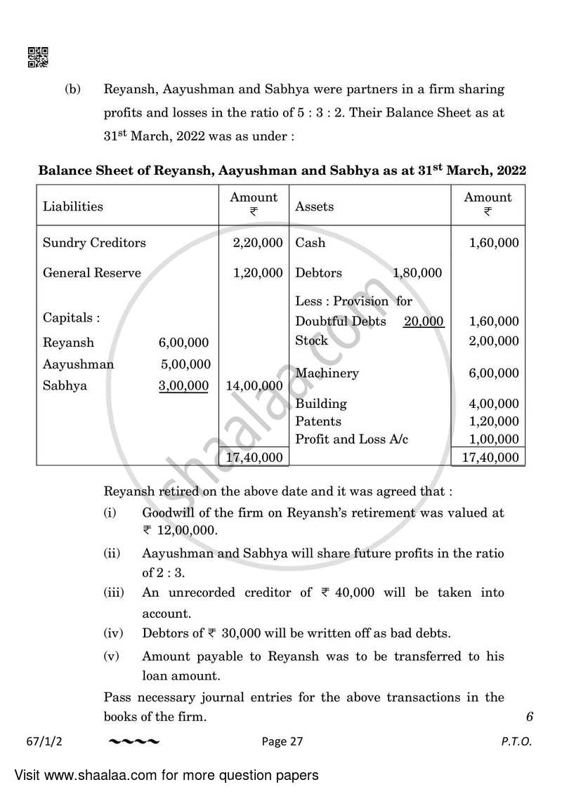 Accountancy 2022-2023 - CBSE 12th - Class 12 - CBSE (Central Board of Secondary Education) question paper with PDF download