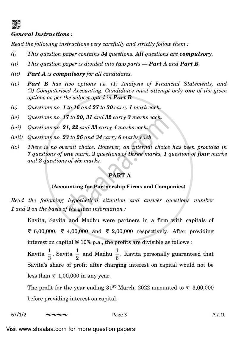 Accountancy 2022-2023 - CBSE 12th - Class 12 - CBSE (Central Board of Secondary Education) question paper with PDF download