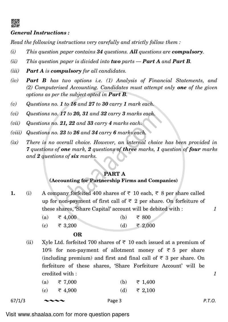 Accountancy 2022-2023 - CBSE 12th - Class 12 - CBSE (Central Board of Secondary Education) question paper with PDF download