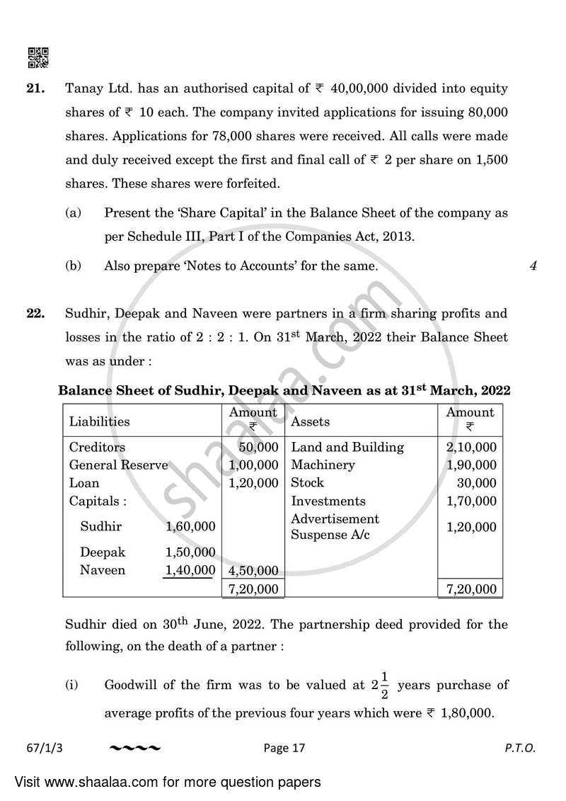 Accountancy 2022-2023 - CBSE 12th - Class 12 - CBSE (Central Board of Secondary Education) question paper with PDF download