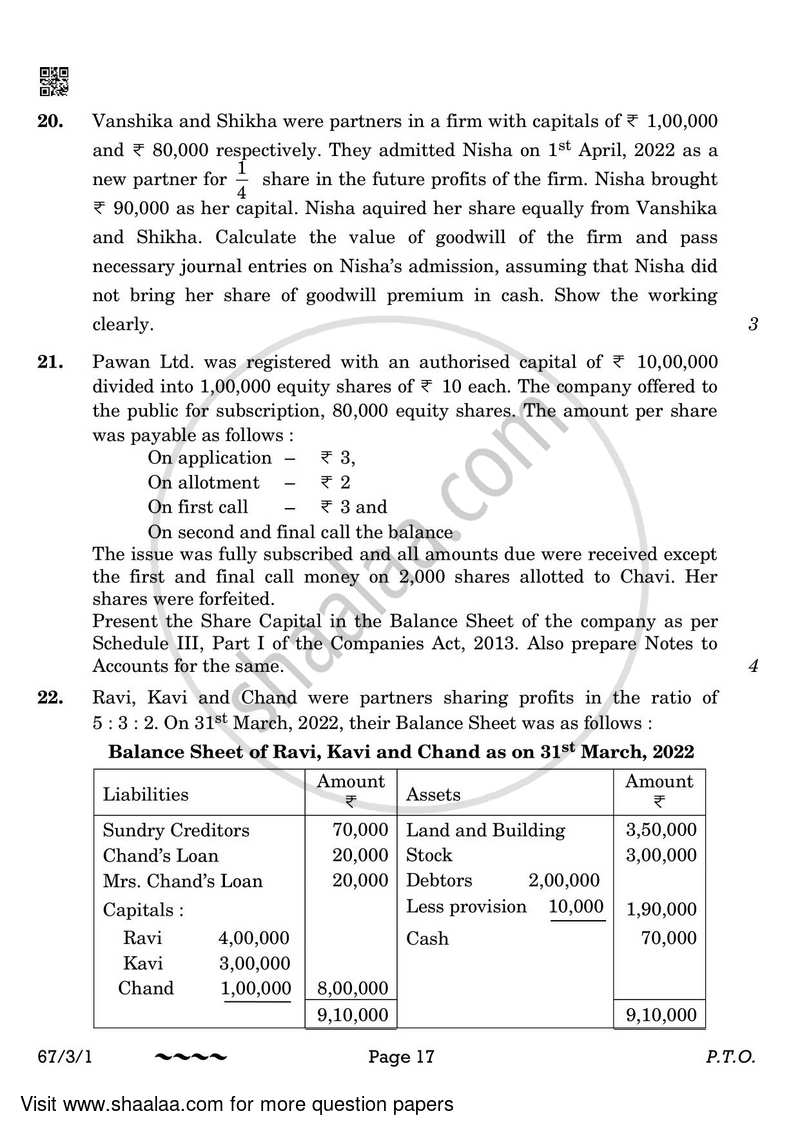 Accountancy 2022-2023 - CBSE 12th - Class 12 - CBSE (Central Board of Secondary Education) question paper with PDF download