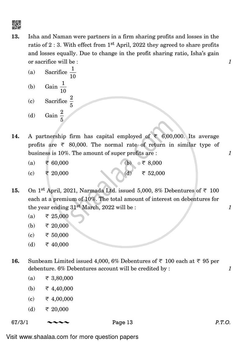 Accountancy 2022-2023 - CBSE 12th - Class 12 - CBSE (Central Board of Secondary Education) question paper with PDF download