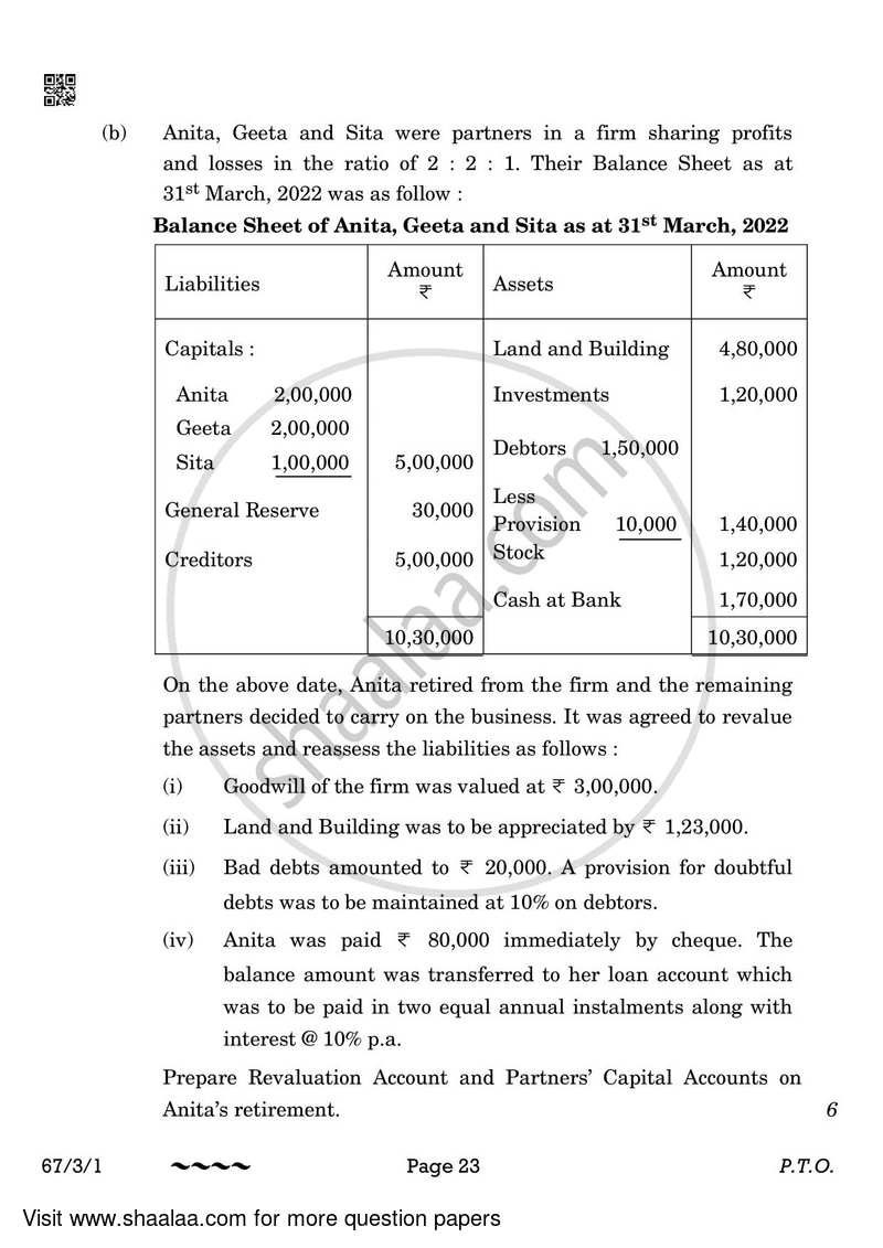Accountancy 2022-2023 - CBSE 12th - Class 12 - CBSE (Central Board of Secondary Education) question paper with PDF download
