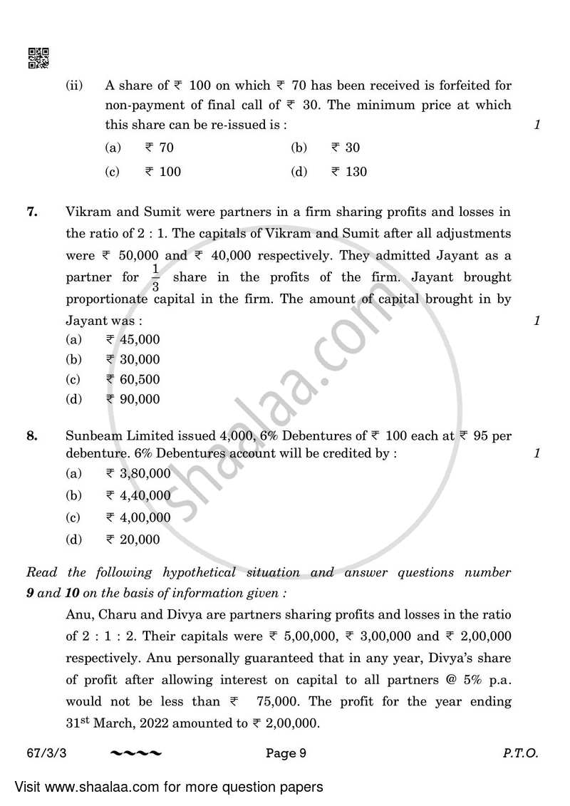 Accountancy 2022-2023 - CBSE 12th - Class 12 - CBSE (Central Board of Secondary Education) question paper with PDF download