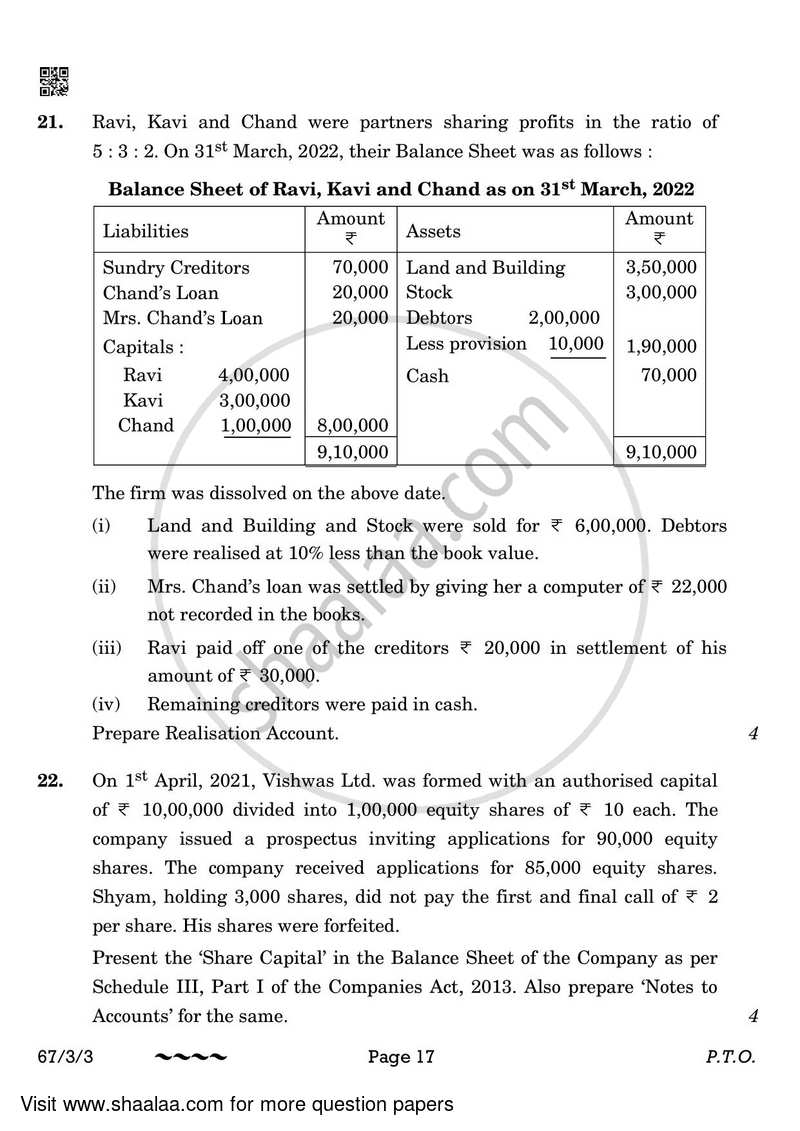 Accountancy 2022-2023 - CBSE 12th - Class 12 - CBSE (Central Board of Secondary Education) question paper with PDF download