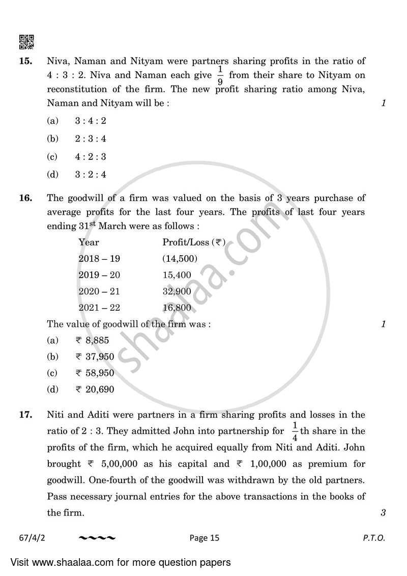 Accountancy 2022-2023 - CBSE 12th - Class 12 - CBSE (Central Board of Secondary Education) question paper with PDF download