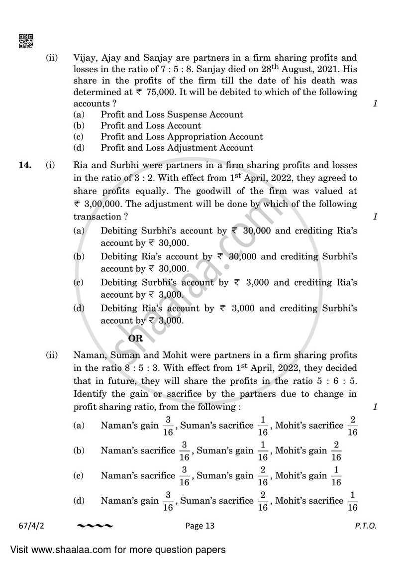 Accountancy 2022-2023 - CBSE 12th - Class 12 - CBSE (Central Board of Secondary Education) question paper with PDF download