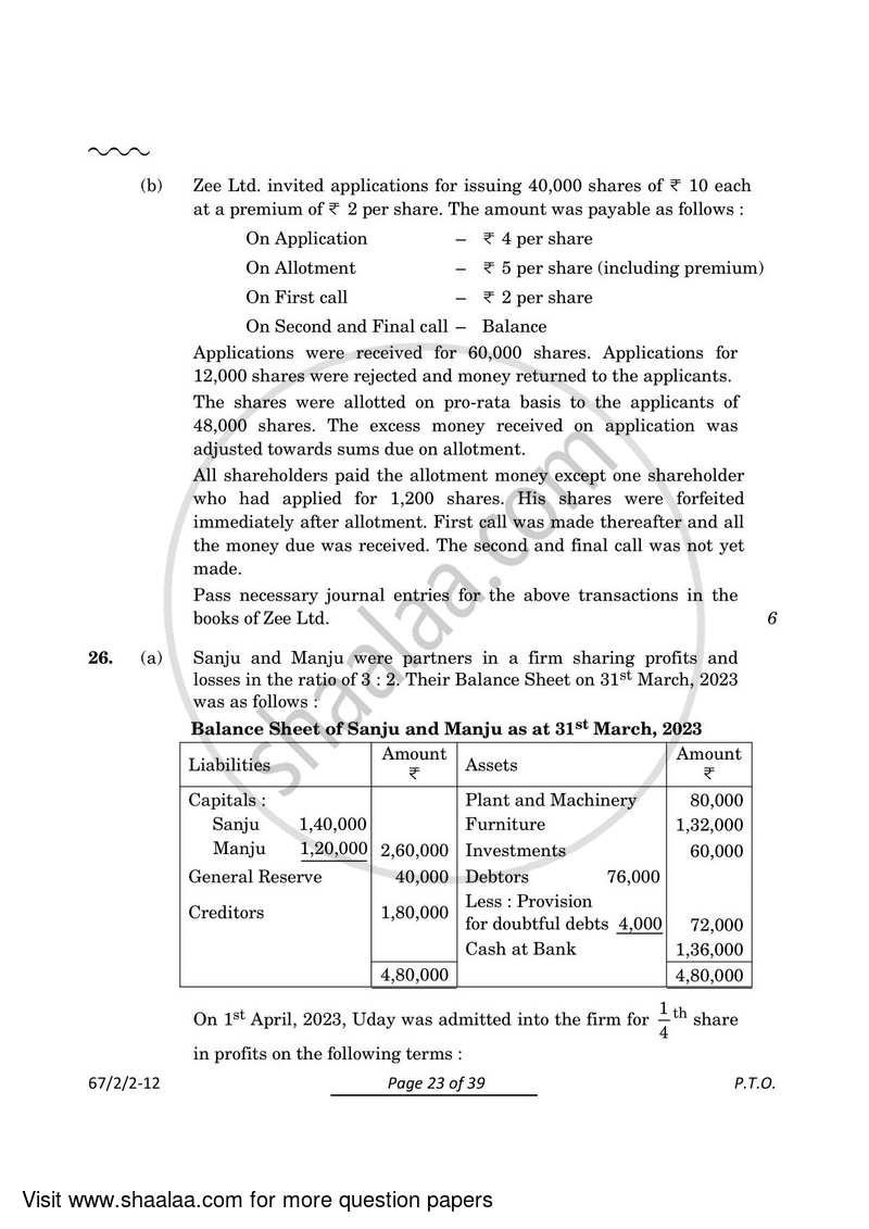 Accountancy 2023-2024 - CBSE 12th - Class 12 - CBSE (Central Board of Secondary Education) question paper with PDF download
