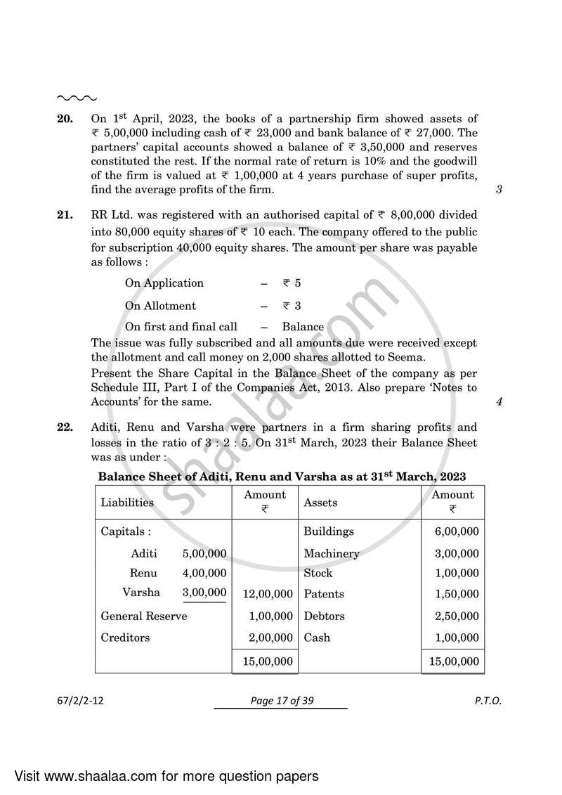 Accountancy 2023-2024 - CBSE 12th - Class 12 - CBSE (Central Board of Secondary Education) question paper with PDF download