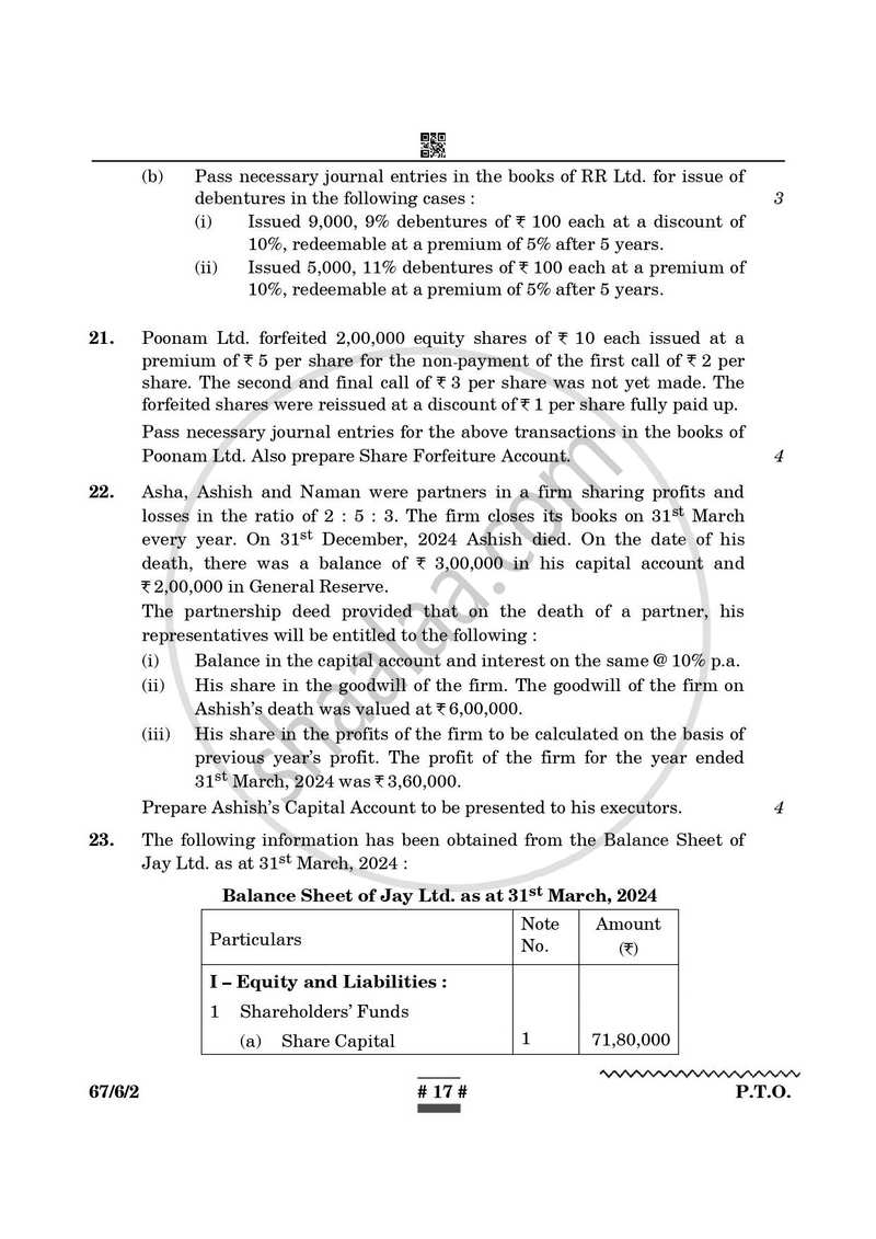 Accountancy 2024-2025 - CBSE 12th - Class 12 - CBSE (Central Board of Secondary Education) question paper with PDF download
