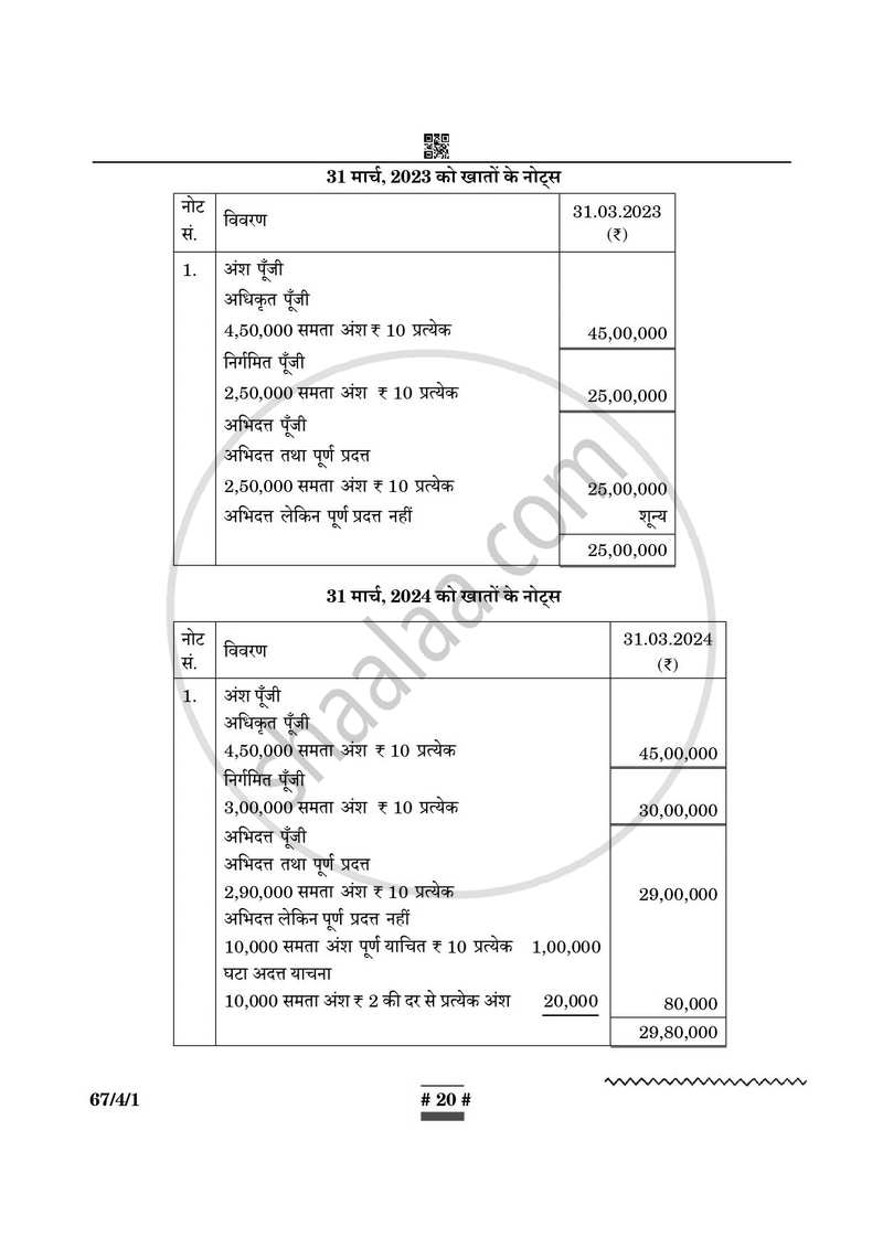 Accountancy (लेखाशास्त्र) 2024-2025 - CBSE 12th - Class 12 [कक्षा १२] - CBSE (Central Board of Secondary Education) question paper with PDF download