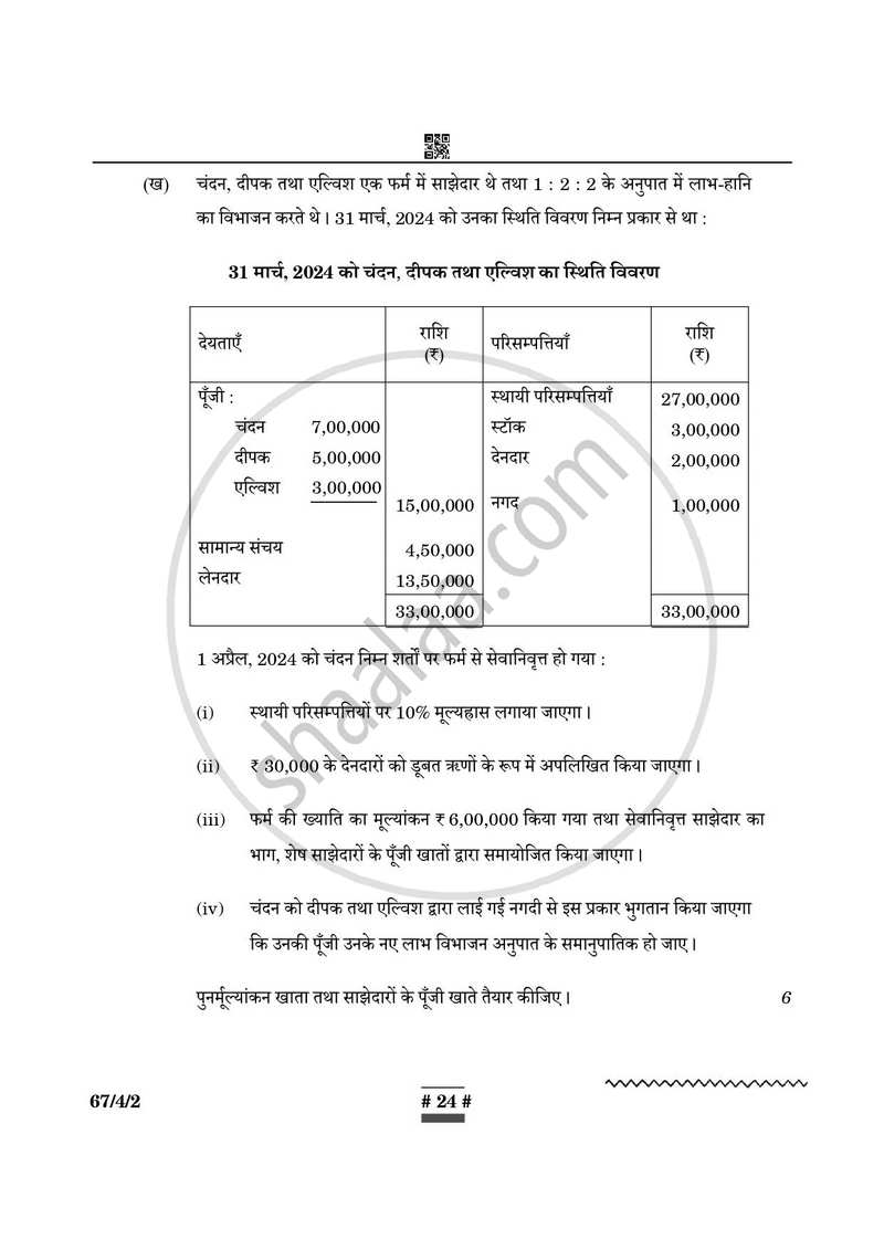 Accountancy (लेखाशास्त्र) 2024-2025 - CBSE 12th - Class 12 [कक्षा १२] - CBSE (Central Board of Secondary Education) question paper with PDF download