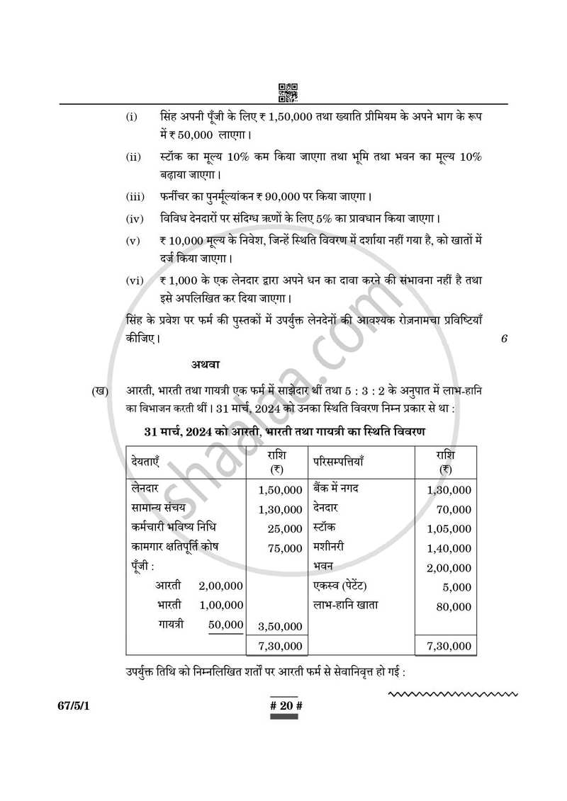 Accountancy (लेखाशास्त्र) 2024-2025 - CBSE 12th - Class 12 [कक्षा १२] - CBSE (Central Board of Secondary Education) question paper with PDF download