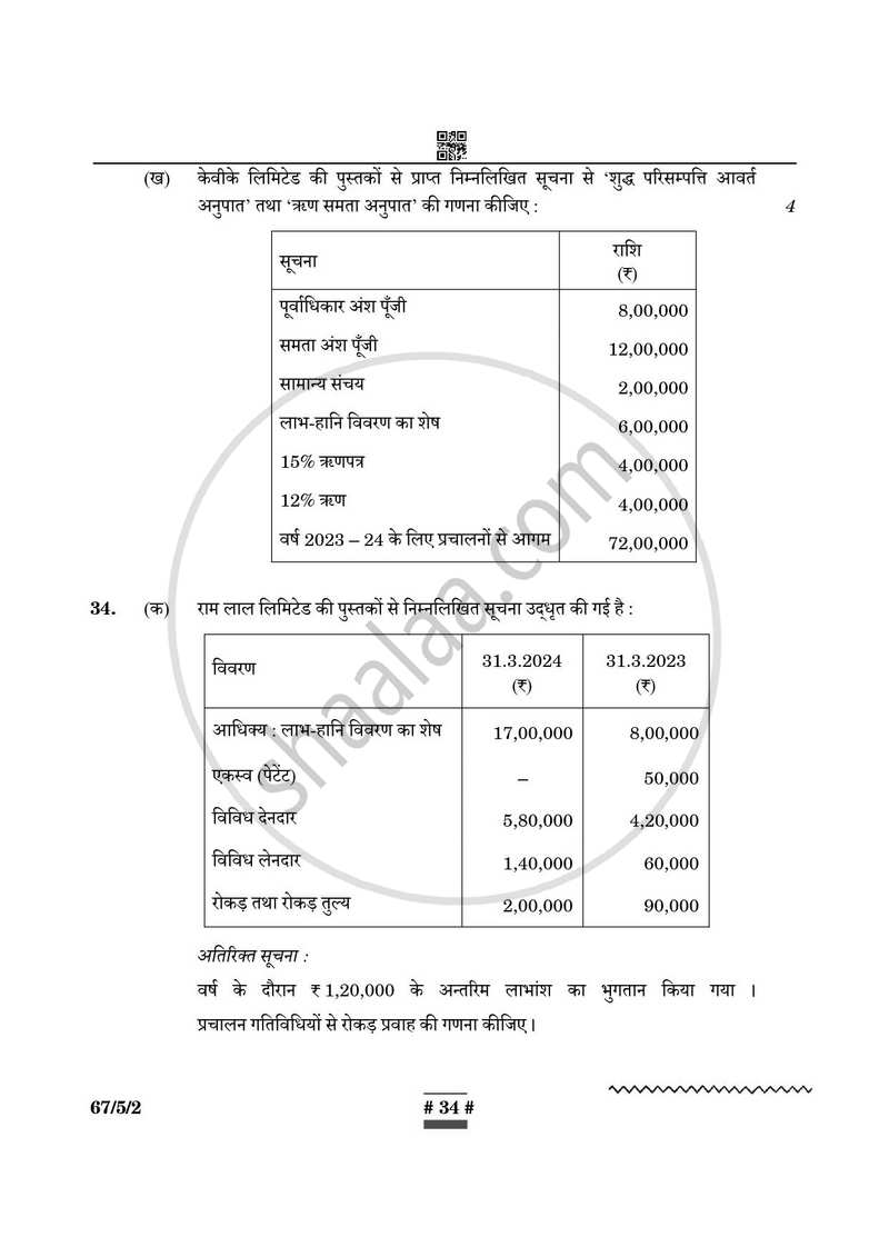 Accountancy (लेखाशास्त्र) 2024-2025 - CBSE 12th - Class 12 [कक्षा १२] - CBSE (Central Board of Secondary Education) question paper with PDF download