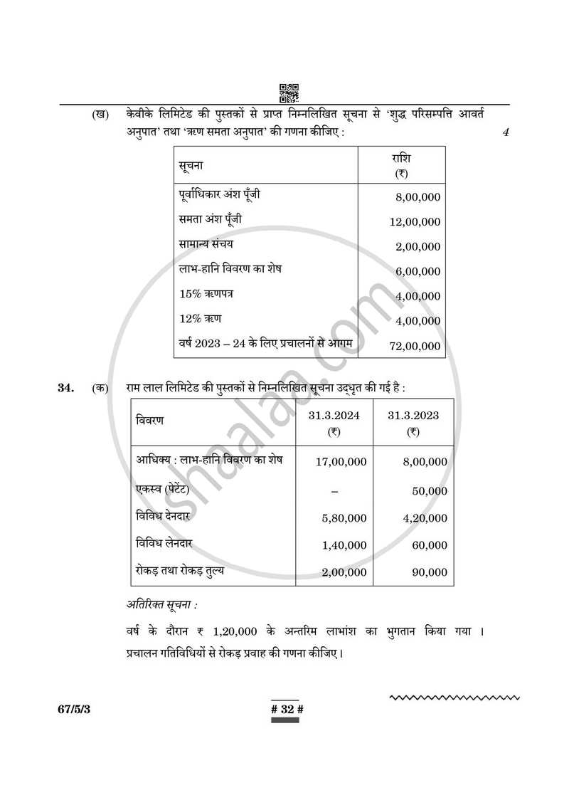 Accountancy (लेखाशास्त्र) 2024-2025 - CBSE 12th - Class 12 [कक्षा १२] - CBSE (Central Board of Secondary Education) question paper with PDF download