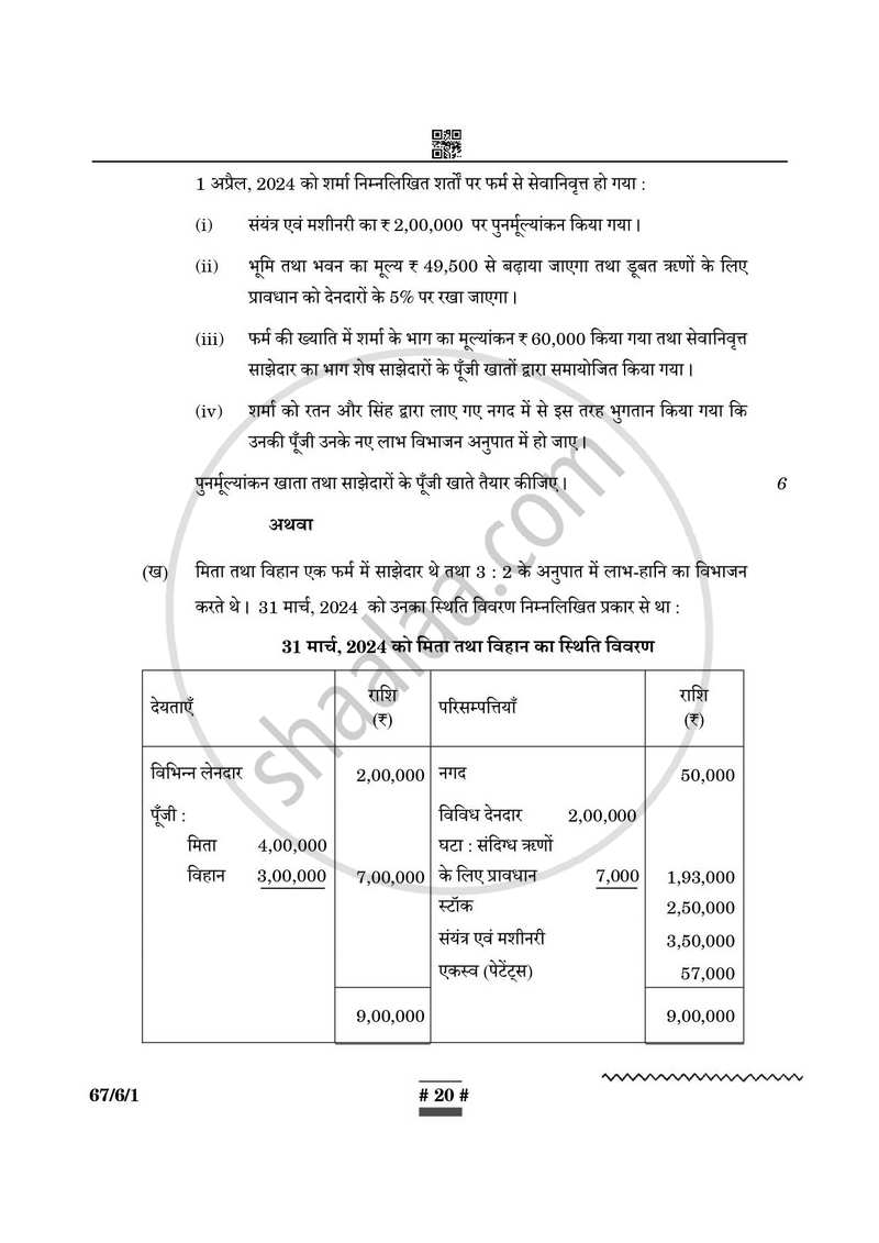 Accountancy (लेखाशास्त्र) 2024-2025 - CBSE 12th - Class 12 [कक्षा १२] - CBSE (Central Board of Secondary Education) question paper with PDF download