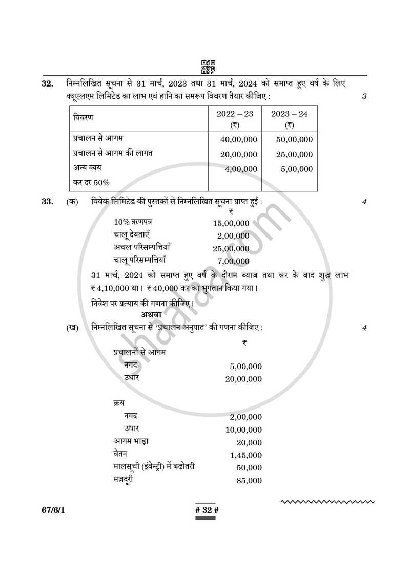 Accountancy (लेखाशास्त्र) 2024-2025 - CBSE 12th - Class 12 [कक्षा १२] - CBSE (Central Board of Secondary Education) question paper with PDF download