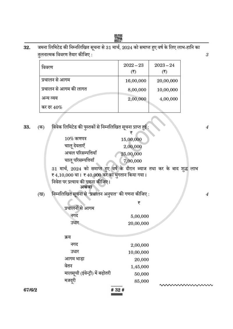 Accountancy (लेखाशास्त्र) 2024-2025 - CBSE 12th - Class 12 [कक्षा १२] - CBSE (Central Board of Secondary Education) question paper with PDF download