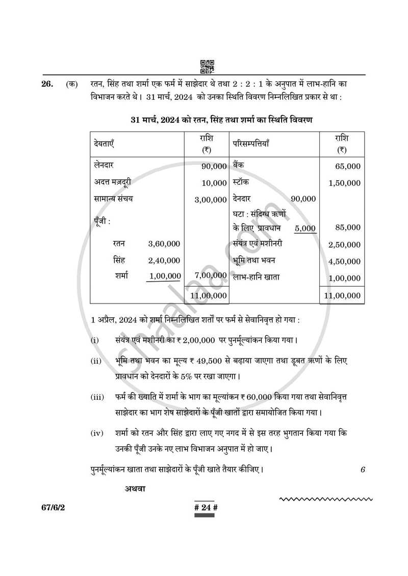Accountancy (लेखाशास्त्र) 2024-2025 - CBSE 12th - Class 12 [कक्षा १२] - CBSE (Central Board of Secondary Education) question paper with PDF download
