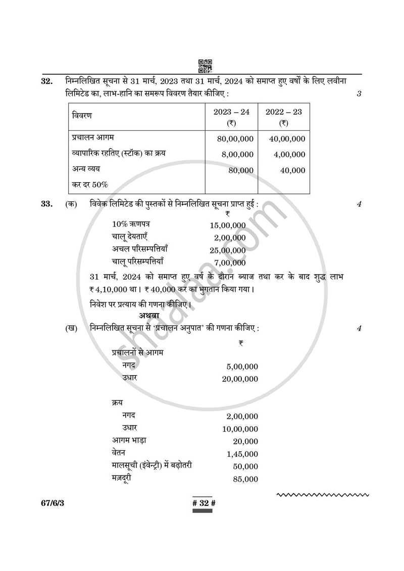Accountancy (लेखाशास्त्र) 2024-2025 - CBSE 12th - Class 12 [कक्षा १२] - CBSE (Central Board of Secondary Education) question paper with PDF download