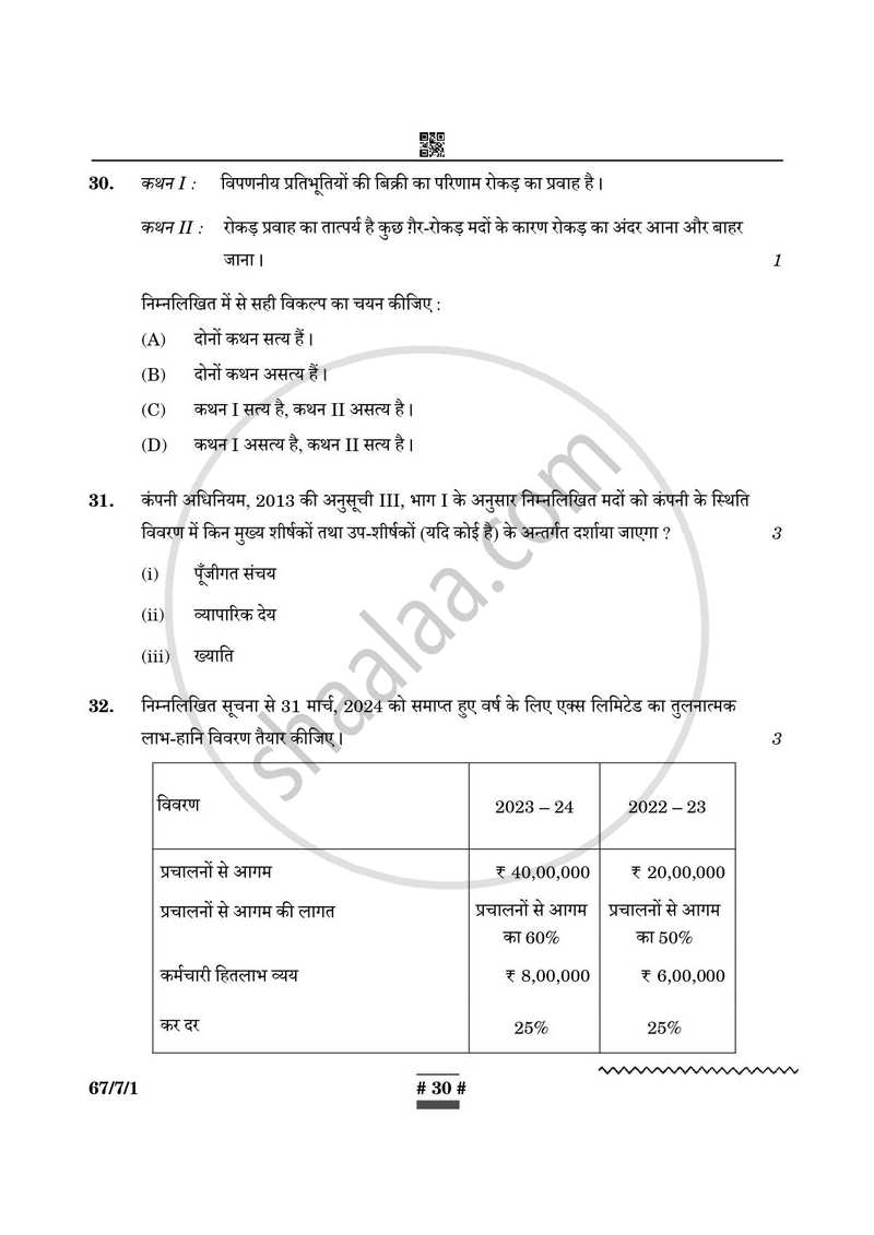 Accountancy (लेखाशास्त्र) 2024-2025 - CBSE 12th - Class 12 [कक्षा १२] - CBSE (Central Board of Secondary Education) question paper with PDF download
