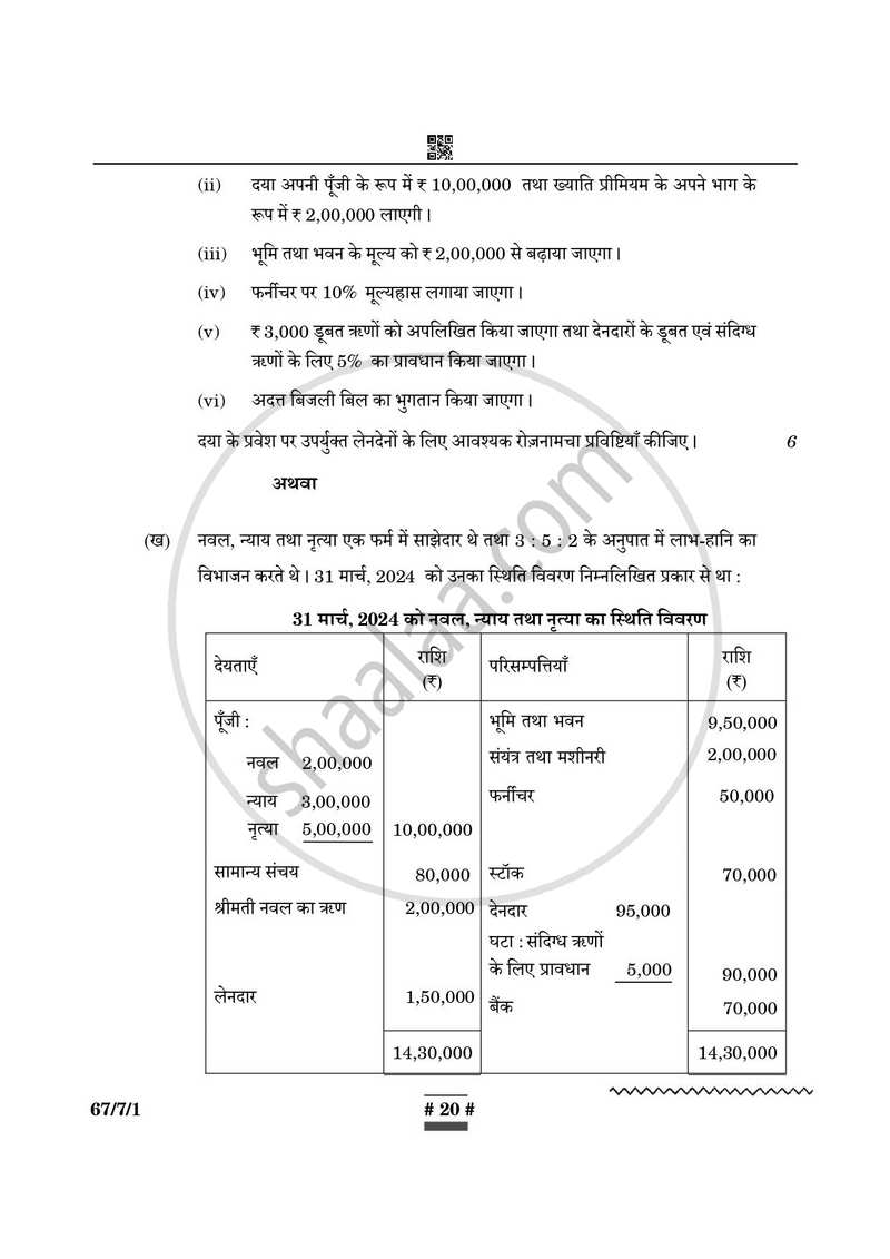 Accountancy (लेखाशास्त्र) 2024-2025 - CBSE 12th - Class 12 [कक्षा १२] - CBSE (Central Board of Secondary Education) question paper with PDF download