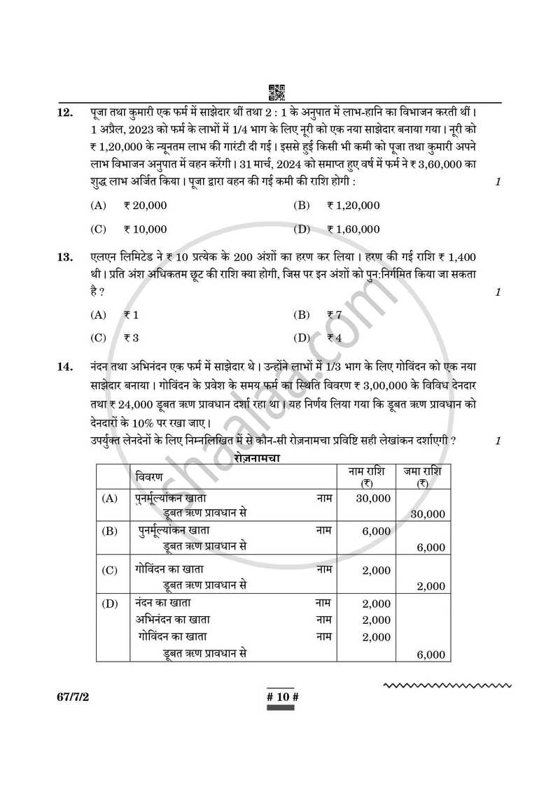 Accountancy (लेखाशास्त्र) 2024-2025 - CBSE 12th - Class 12 [कक्षा १२] - CBSE (Central Board of Secondary Education) question paper with PDF download