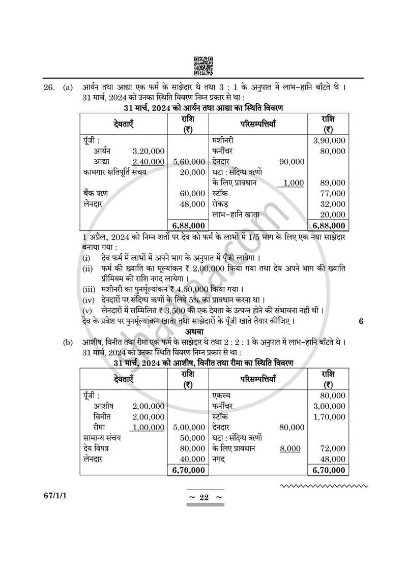 Accountancy (लेखाशास्त्र) 2024-2025 - CBSE 12th - Class 12 [कक्षा १२] - CBSE (Central Board of Secondary Education) question paper with PDF download