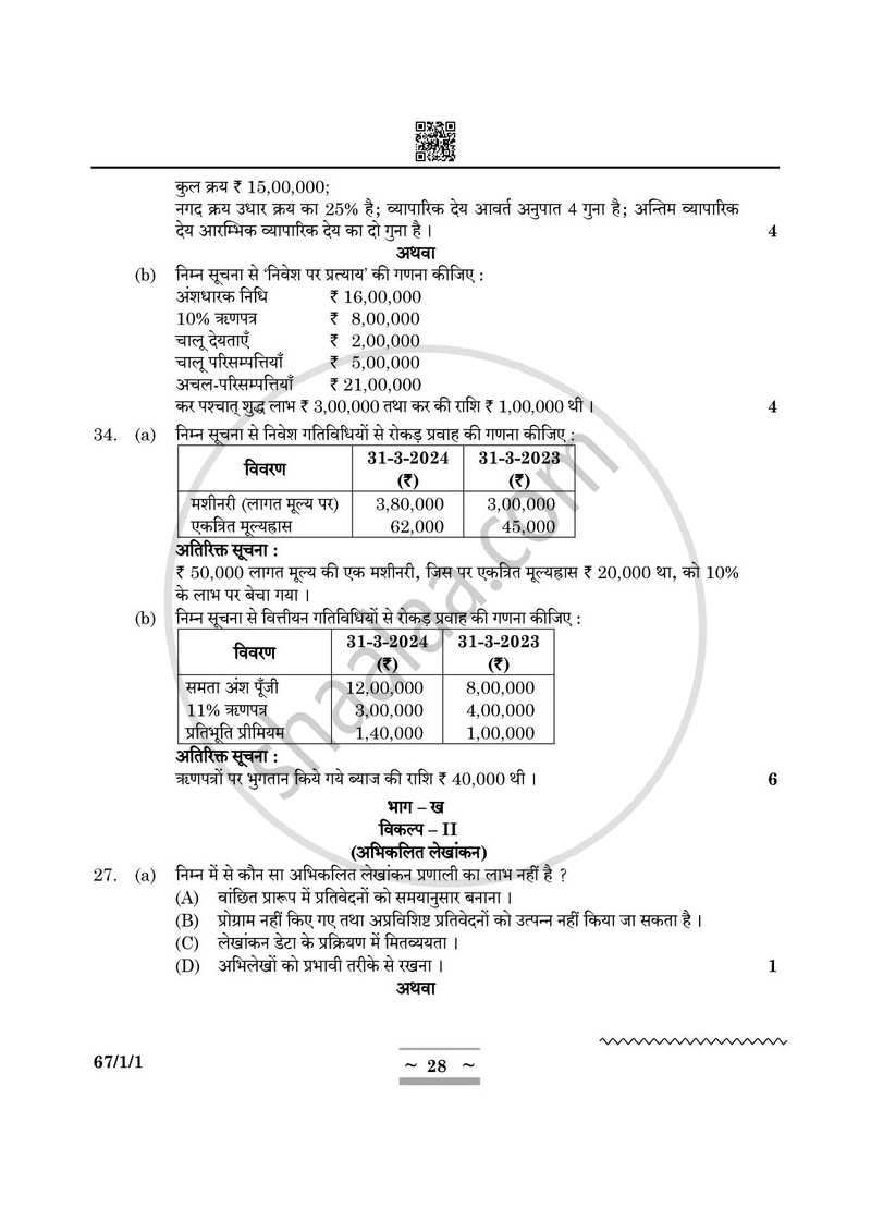 Accountancy (लेखाशास्त्र) 2024-2025 - CBSE 12th - Class 12 [कक्षा १२] - CBSE (Central Board of Secondary Education) question paper with PDF download