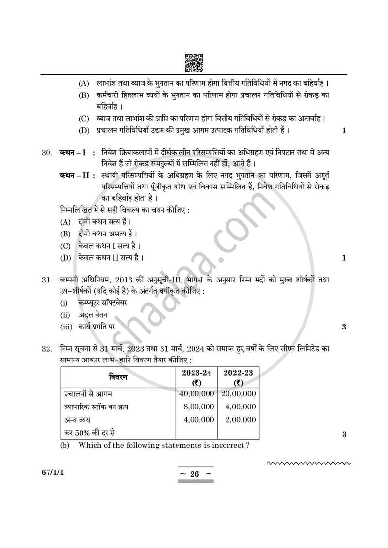 Accountancy (लेखाशास्त्र) 2024-2025 - CBSE 12th - Class 12 [कक्षा १२] - CBSE (Central Board of Secondary Education) question paper with PDF download