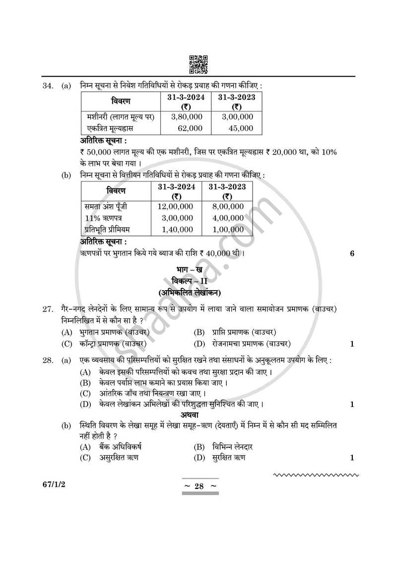 Accountancy (लेखाशास्त्र) 2024-2025 - CBSE 12th - Class 12 [कक्षा १२] - CBSE (Central Board of Secondary Education) question paper with PDF download