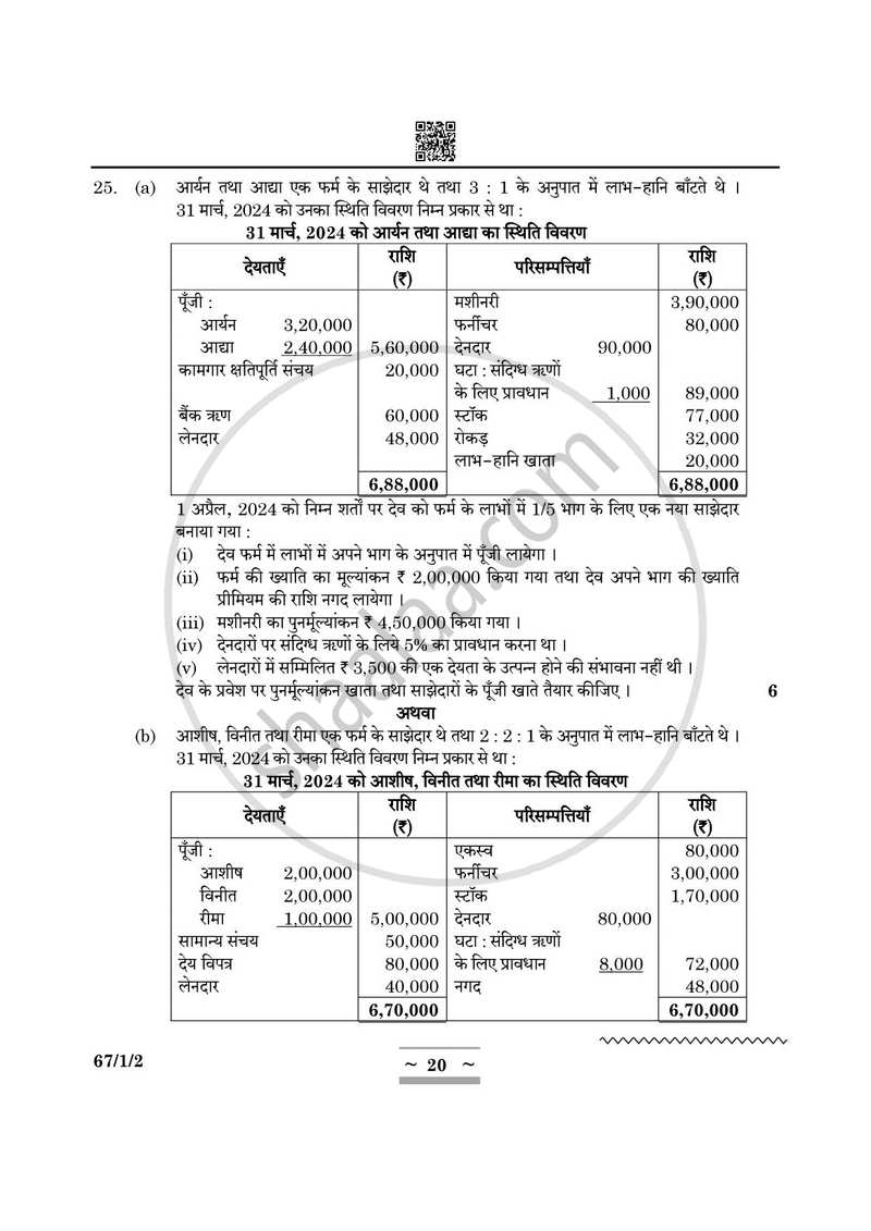 Accountancy (लेखाशास्त्र) 2024-2025 - CBSE 12th - Class 12 [कक्षा १२] - CBSE (Central Board of Secondary Education) question paper with PDF download