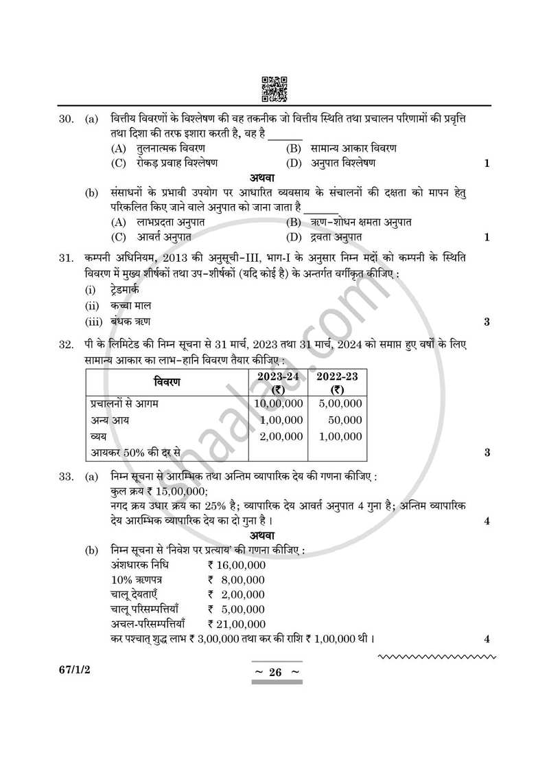 Accountancy (लेखाशास्त्र) 2024-2025 - CBSE 12th - Class 12 [कक्षा १२] - CBSE (Central Board of Secondary Education) question paper with PDF download