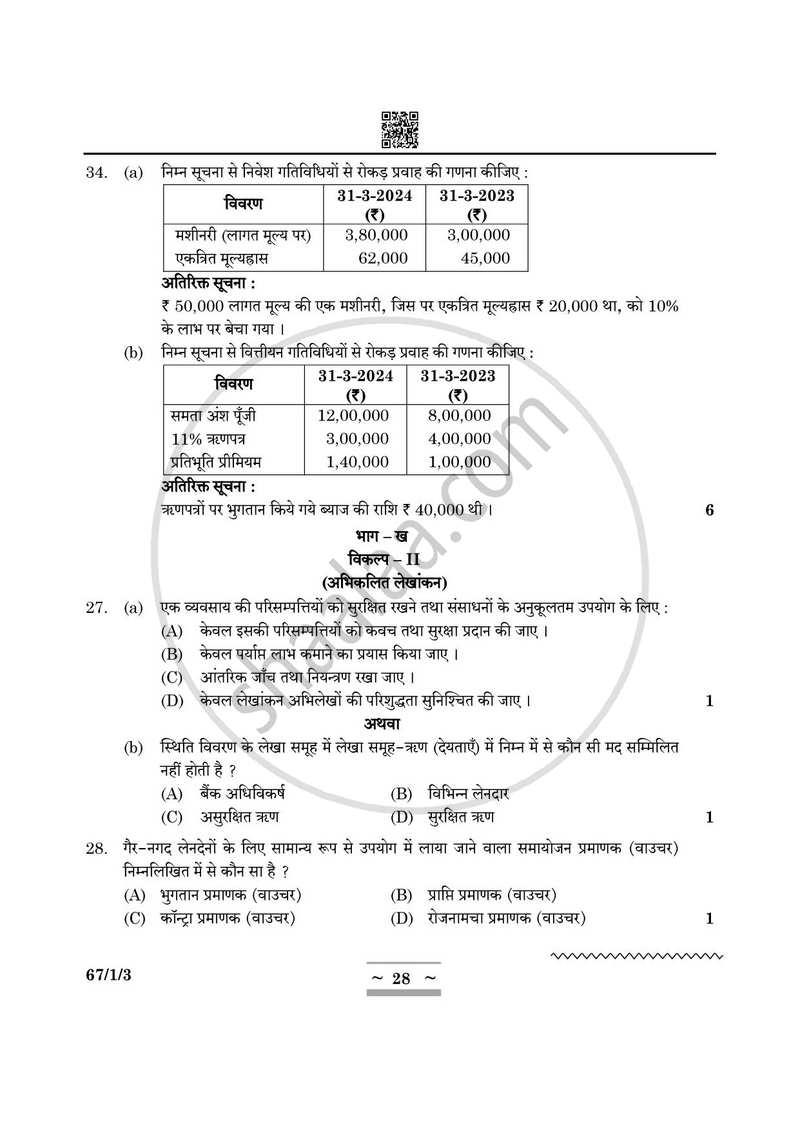 Accountancy (लेखाशास्त्र) 2024-2025 - CBSE 12th - Class 12 [कक्षा १२] - CBSE (Central Board of Secondary Education) question paper with PDF download