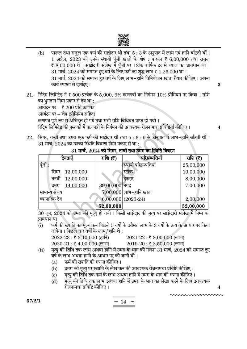 Accountancy (लेखाशास्त्र) 2024-2025 - CBSE 12th - Class 12 [कक्षा १२] - CBSE (Central Board of Secondary Education) question paper with PDF download